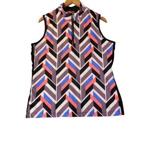 Tail‎ Womens Top M Sleeveless Zip Neck Activewear White Label Golf Geometric